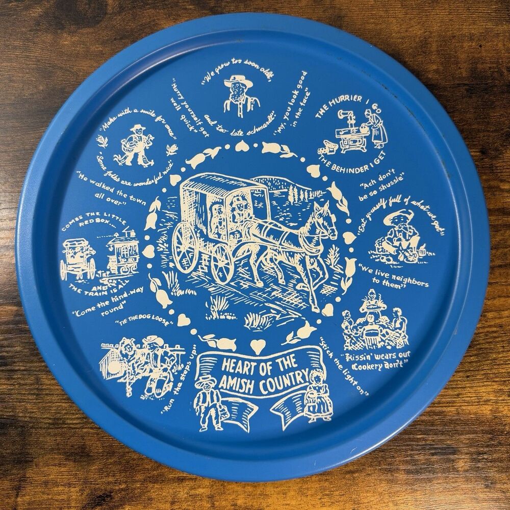 Vintage Heart of the Amish Country Blue Wall Plate Tray Folk Art Decor